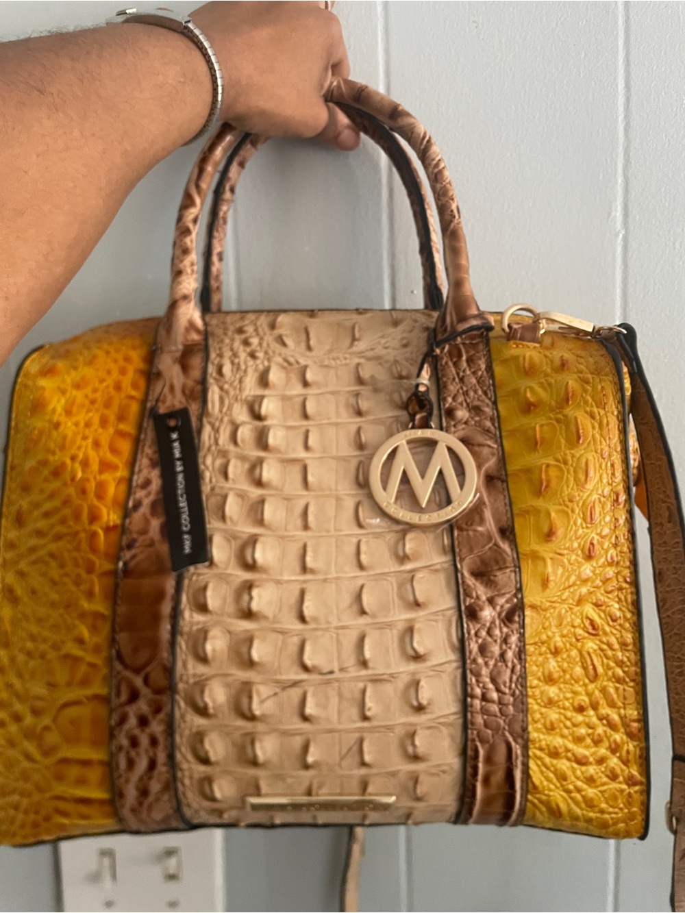 Mia MFK Croc-Embossed Satchel in Yellow, Beige and Brown